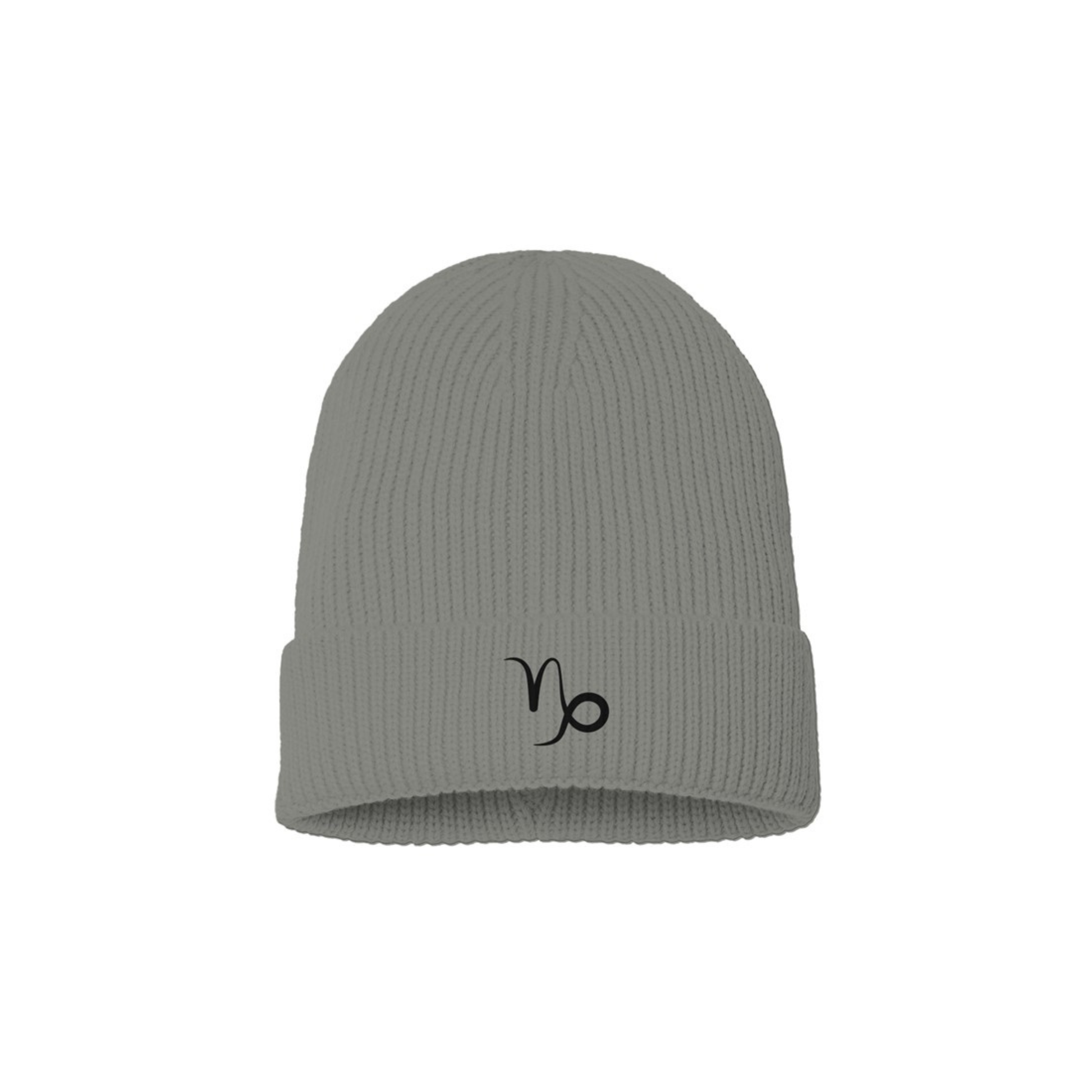 Light gray beanie with a black embroidered Capricorn zodiac symbol on a white background