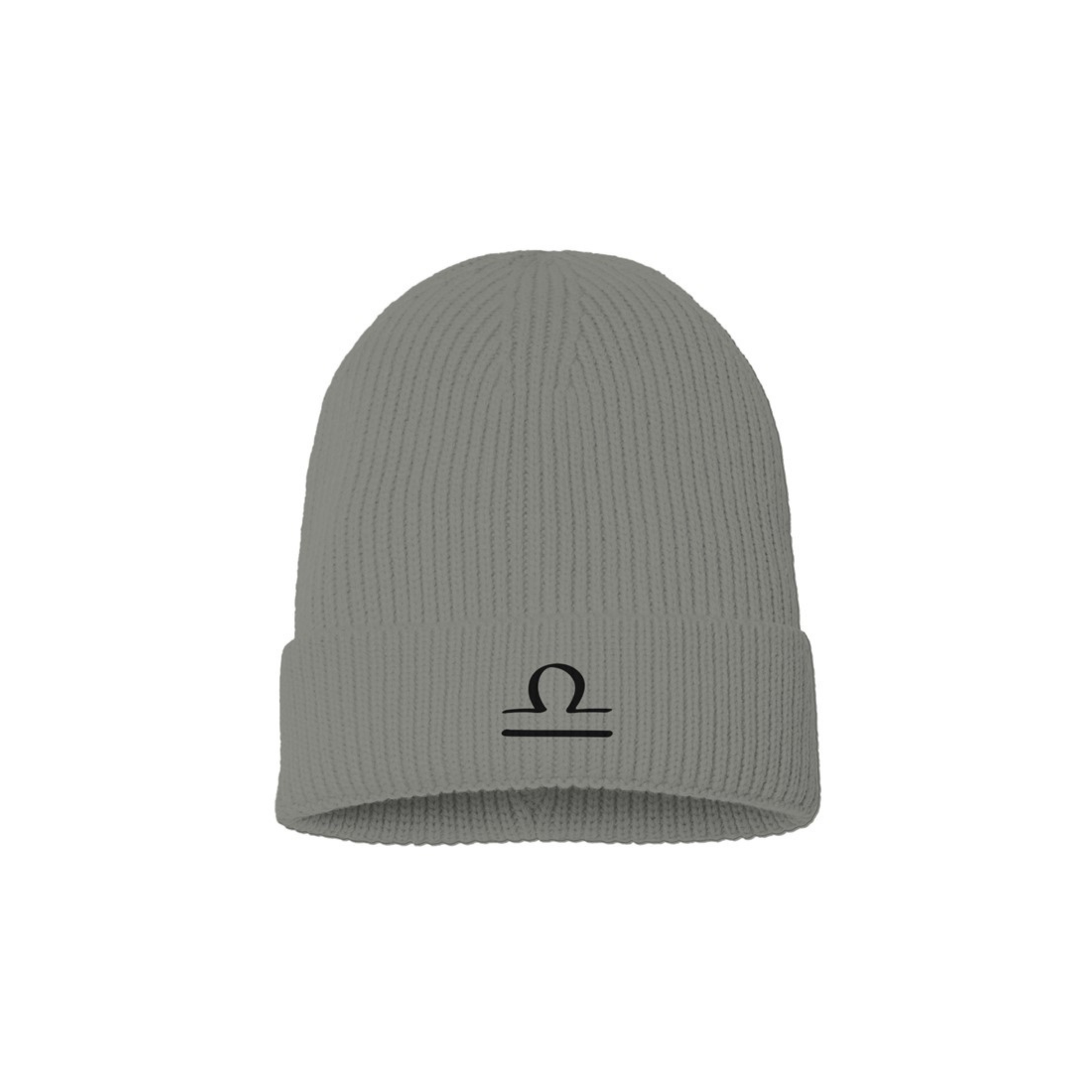 Light gray beanie with a black embroidered Cancer zodiac symbol on a white background