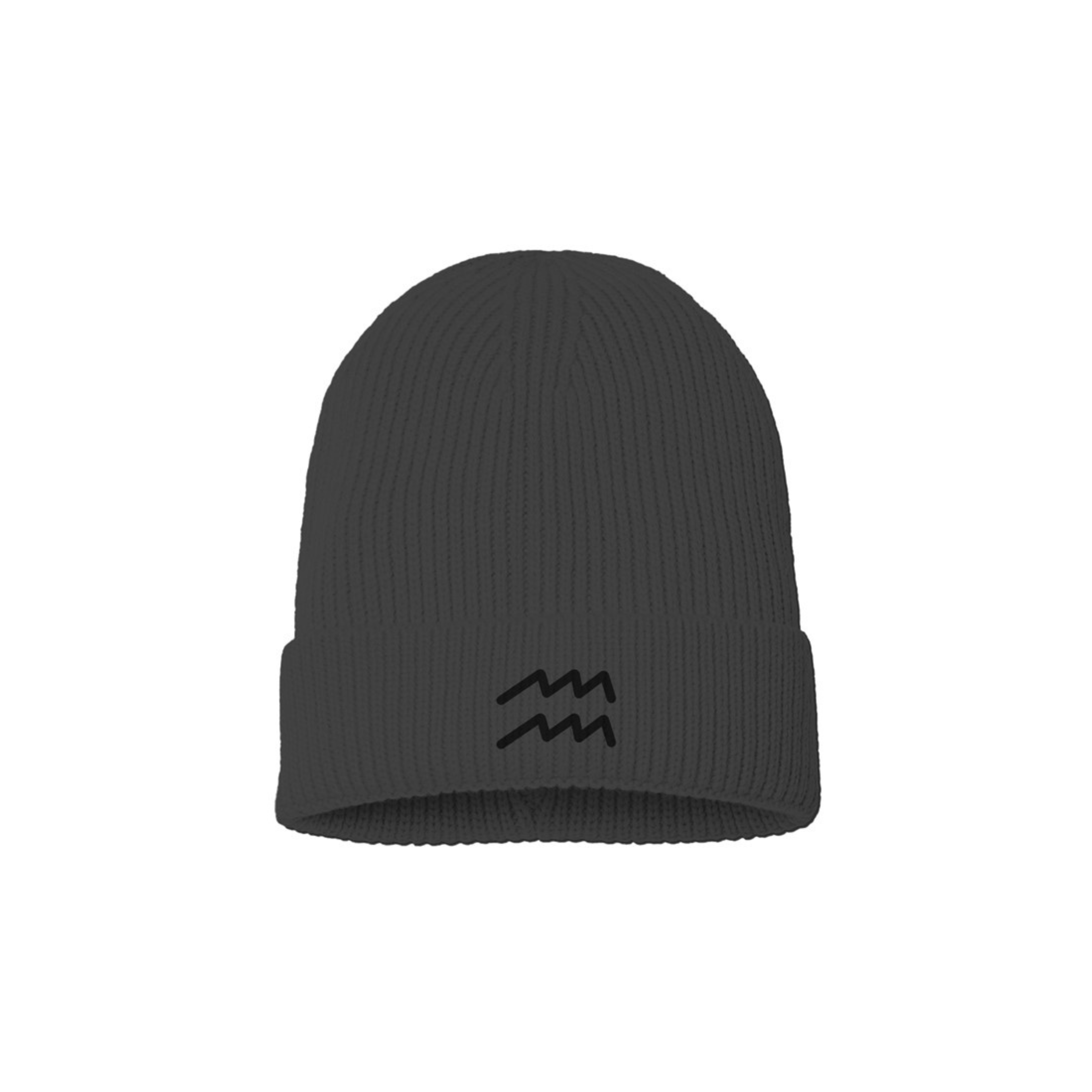 Pigmented black beanie with an embroidered Aquarius symbol on a white background