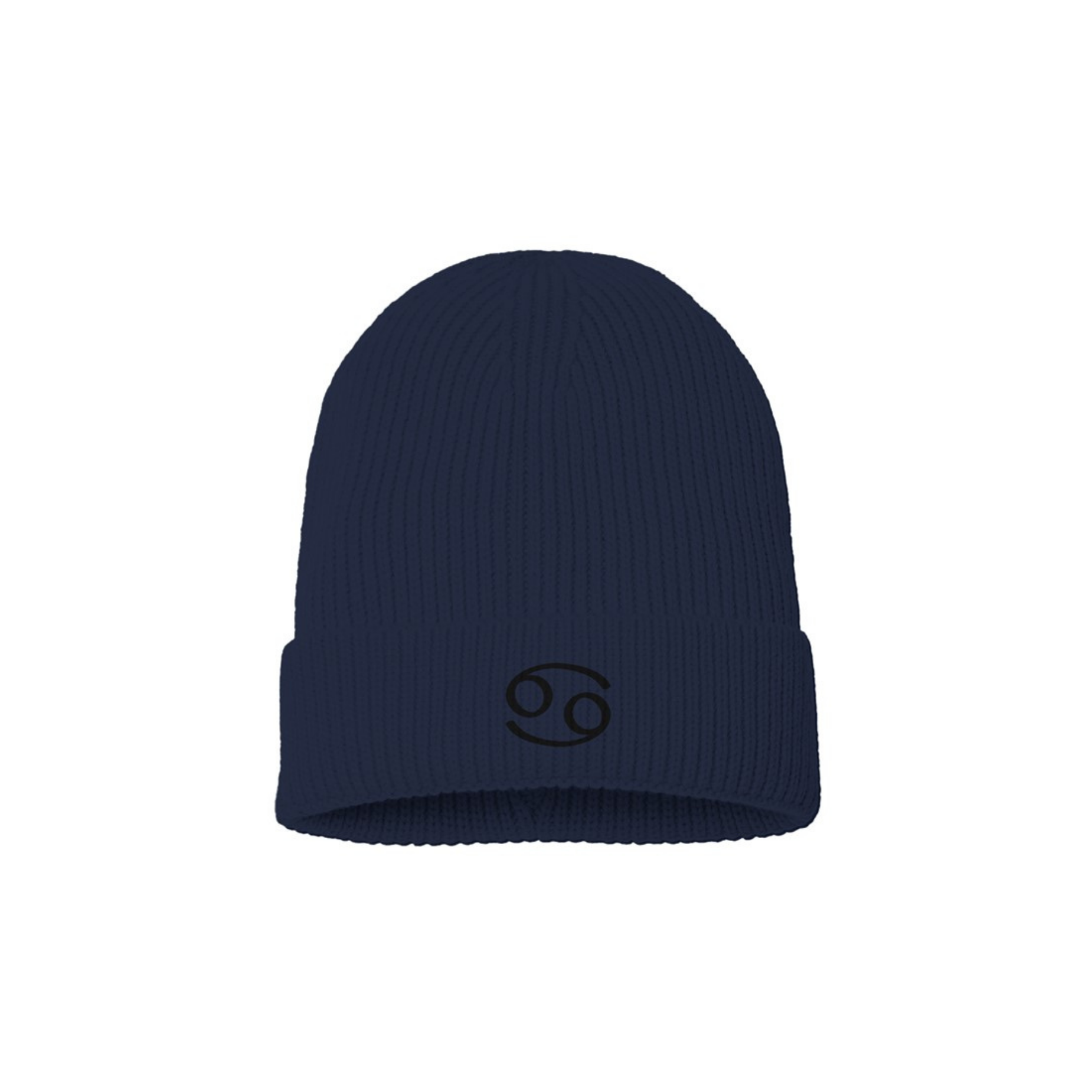 Navy blue beanie with a black embroidered zodiac symbol on a white background