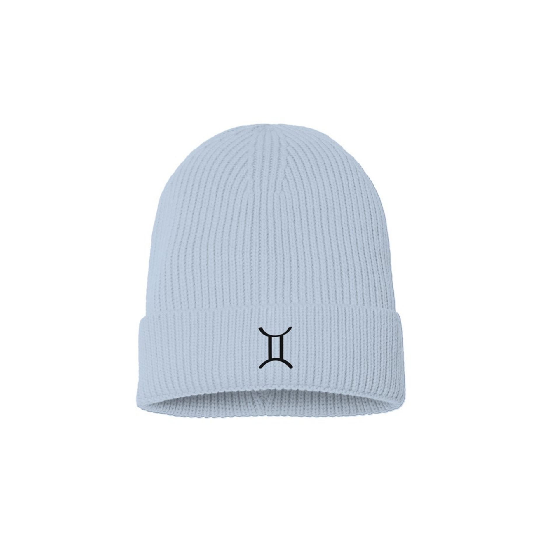 Light blue beanie with a black embroidered Gemini zodiac symbol on a white background