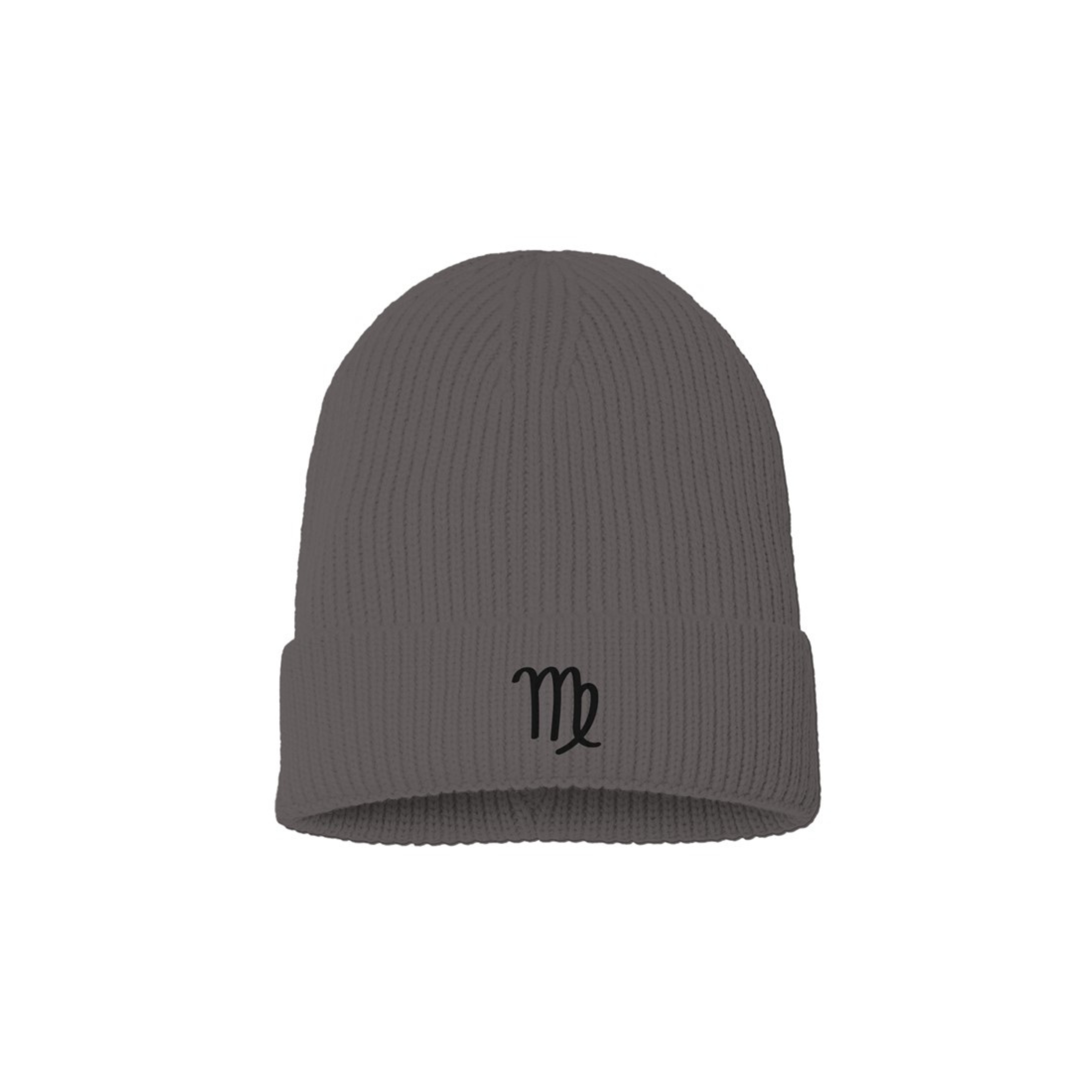 Dark gray beanie with a black embroidered Virgo zodiac symbol on a white background