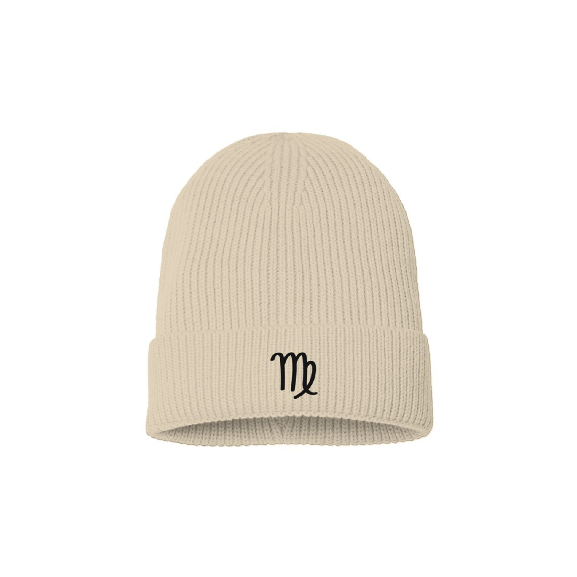 Light beige beanie with a black embroidered Virgo symbol on a white background