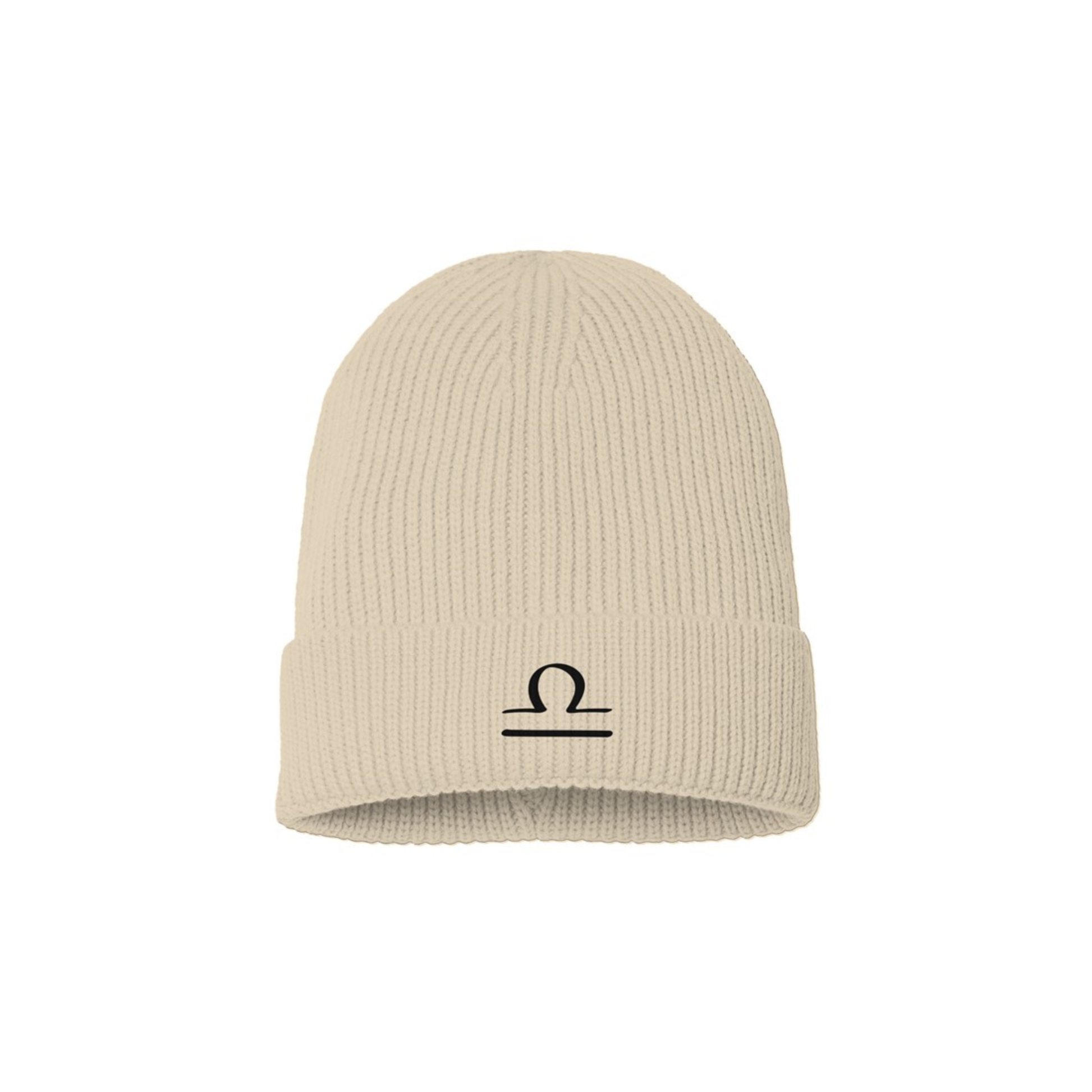 Light beige beanie with a black embroidered Libra symbol on a white background