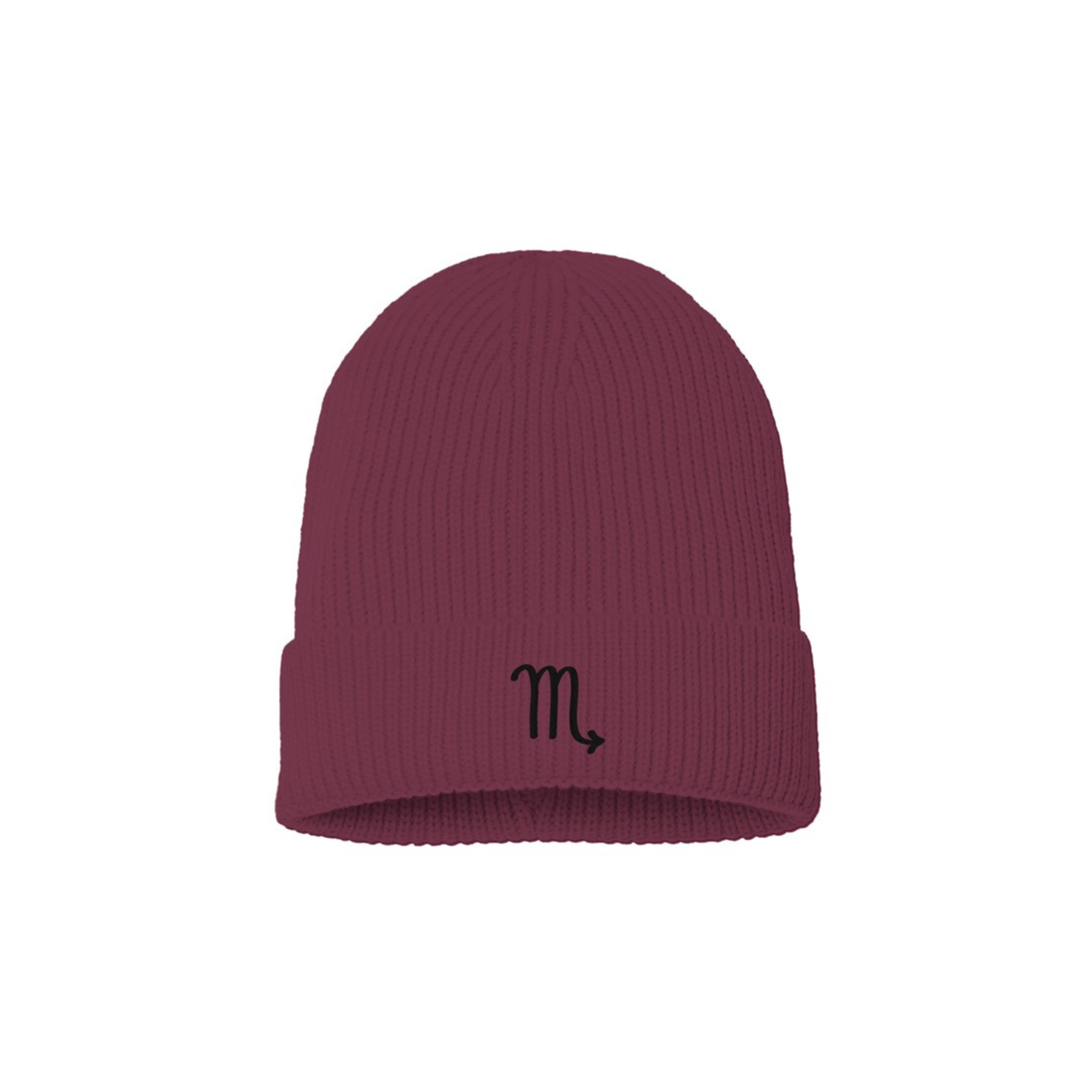 Burgundy beanie with a black embroidered Scorpio symbol on a white background