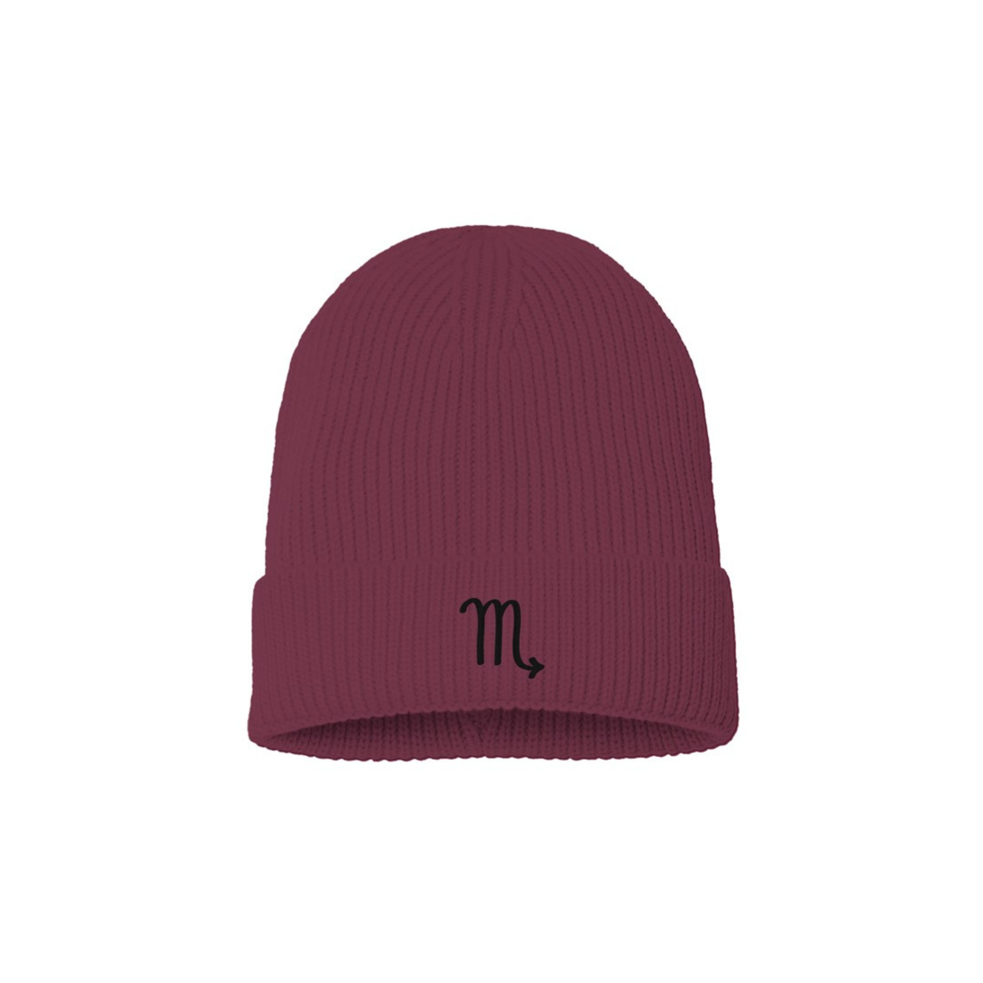Burgundy beanie with a black embroidered Scorpio symbol on a white background