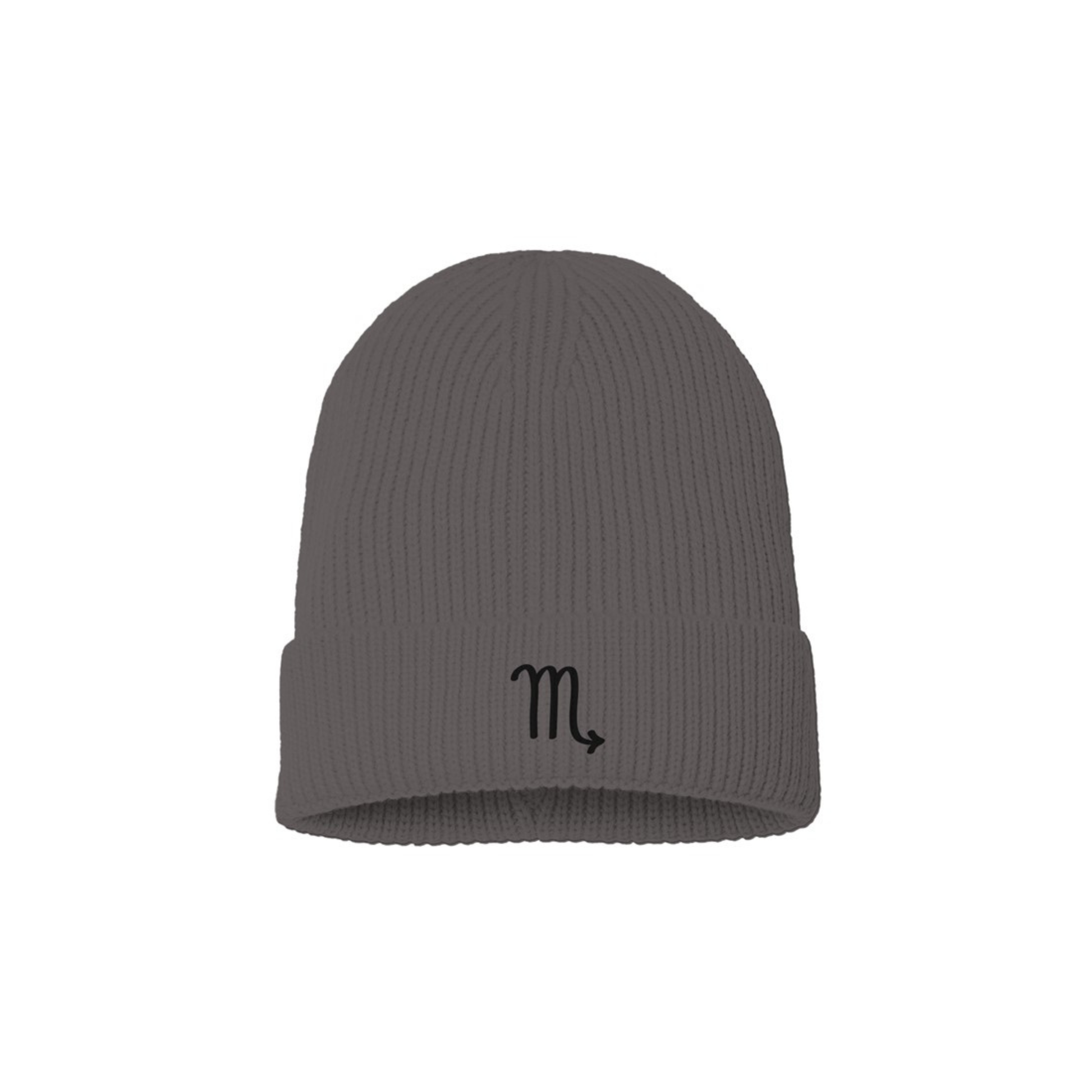 Dark grey beanie with a black embroidered Scorpio symbol on a white background