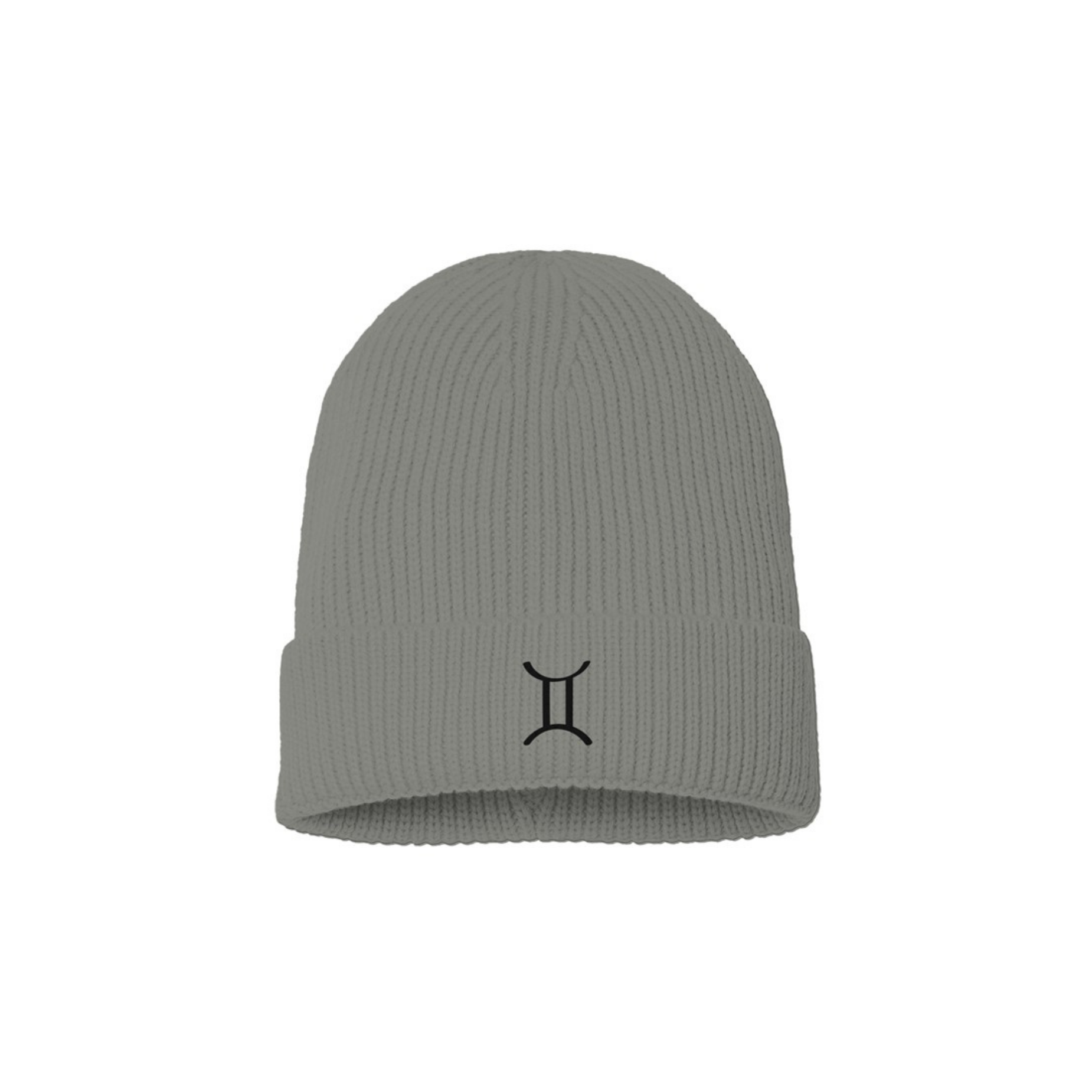 light gray beanie with a black embroidered Gemini  zodiac symbol on a white background