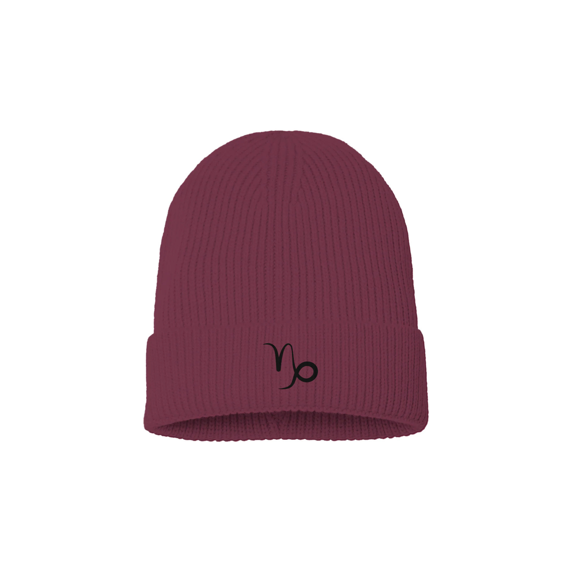 Burgundy beanie with an embroidered black Capricorn symbol