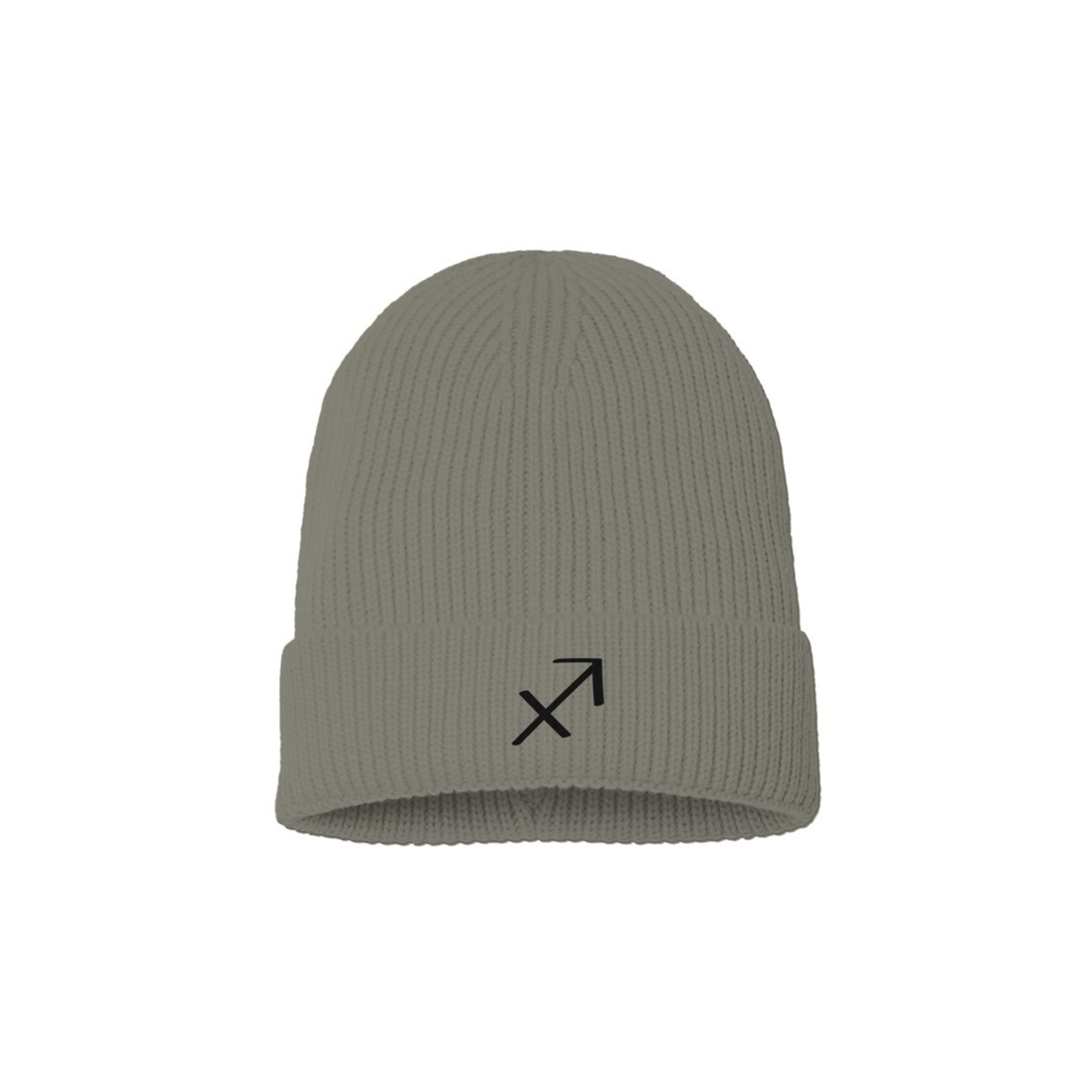 Gray beanie with a black embroidered Sagittarius symbol on a white background