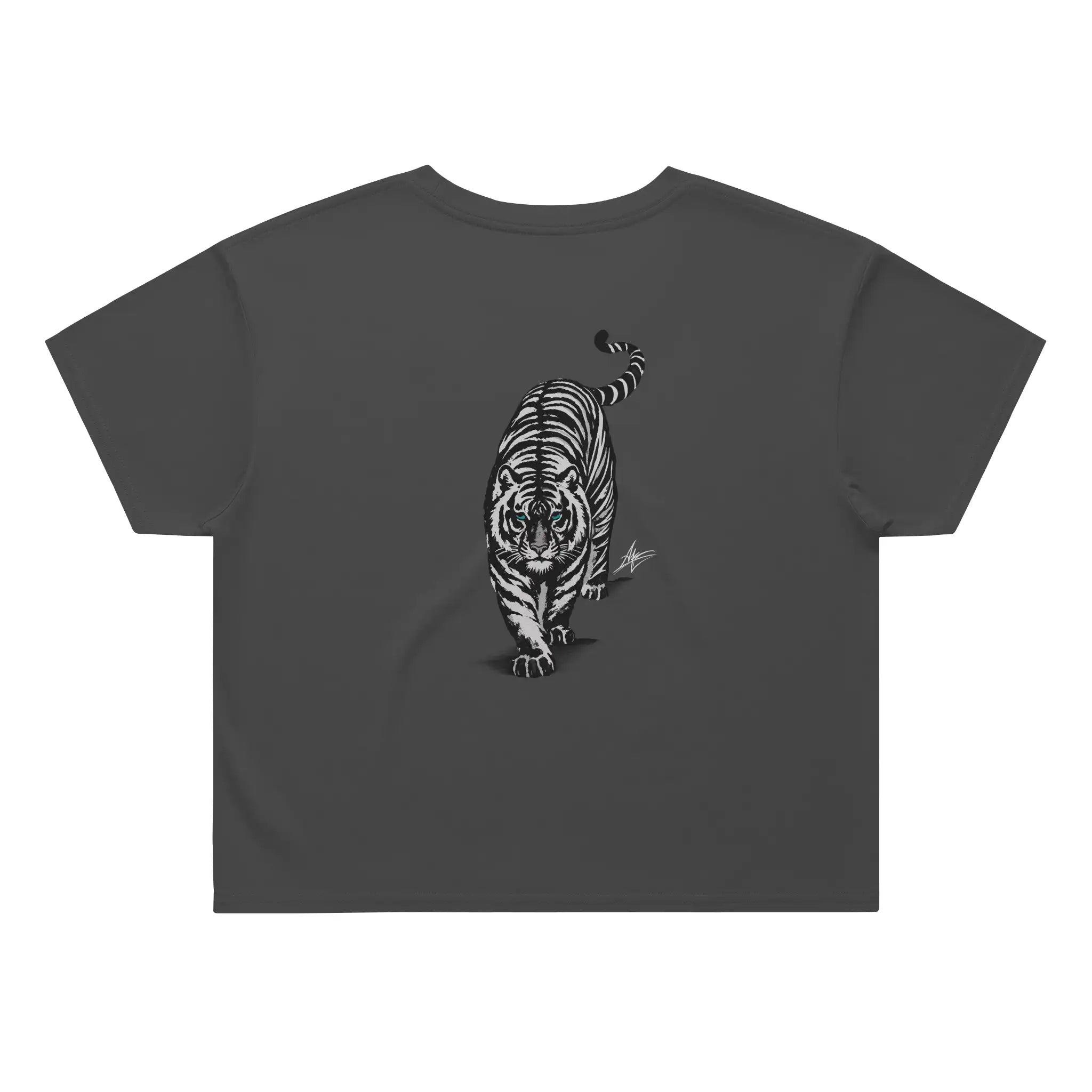 Dark gray t-shirt with a white tiger design on a white background