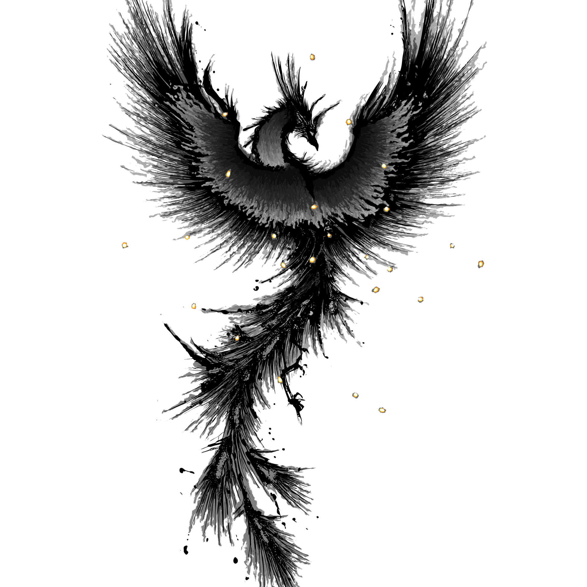 Black feathered Phoenix Rising Graphic design on a white background