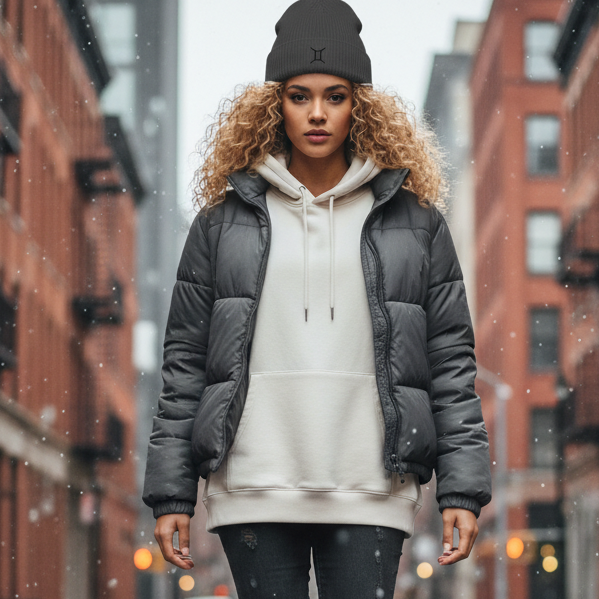 Woman walking on an urban city street wearing a pigmented black beanie with a black embroidered Gemini zodiac symbol
