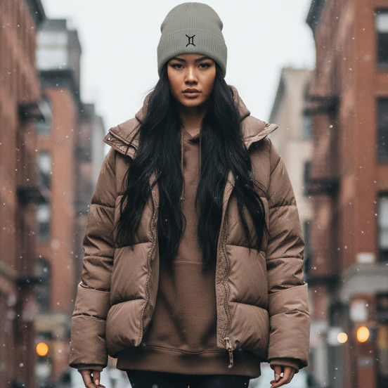 Person walking on a city street wearing a light gray beanie with a black embroidered Gemini zodiac symbol