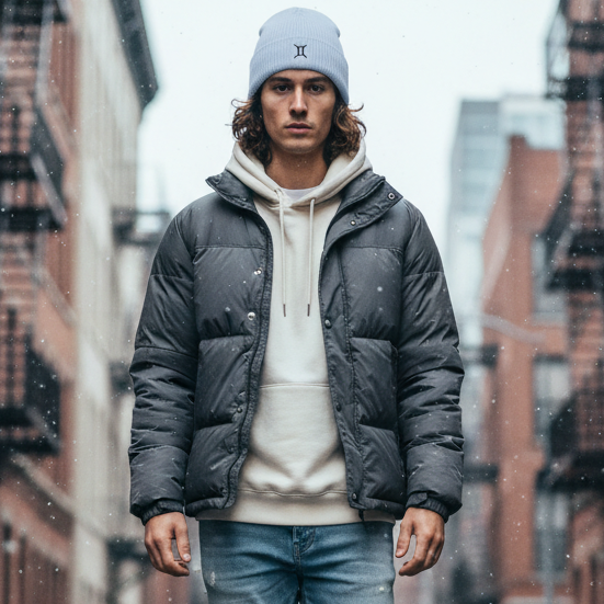 Person walking down a city street wearing a light blue beanie with a black embroidered Gemini zodiac symbol