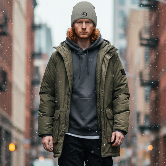 Man walking on an urban city street wearing a light gray beanie with an embroidered black Cancer zodiac symbol