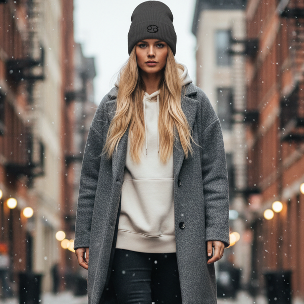 Woman walking on an urban city street wearing a pigmented black beanie with an embroidered black Cancer zodiac symbol