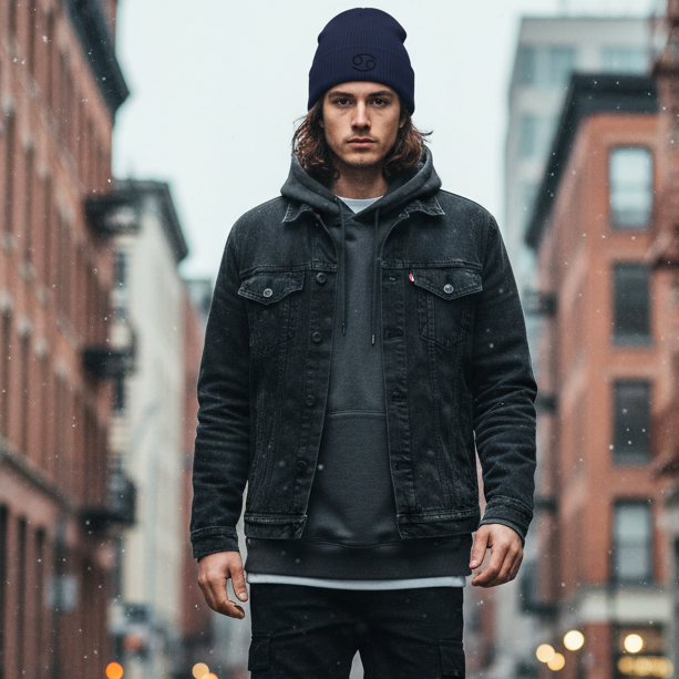 Man standing on an urban city street wearing a navy beanie with a black embroidered Cancer zodiac symbol