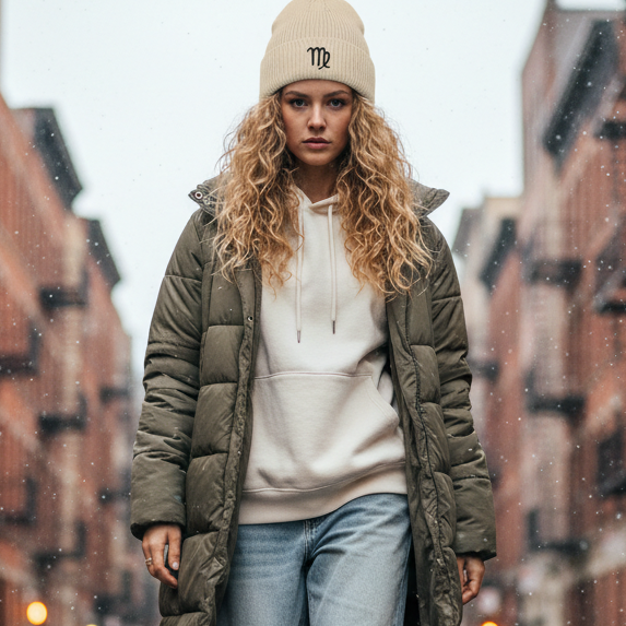 Person walking down a street in a city wearing a light beige beanie with a black embroidered Virgo symbol