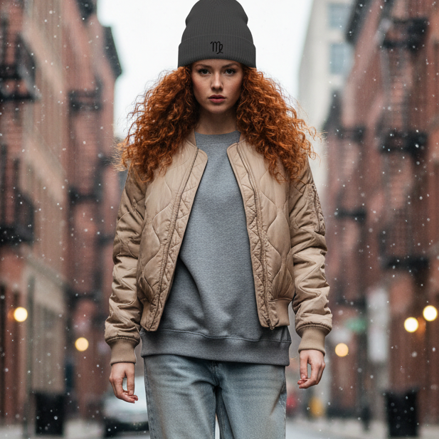 Person walking on a city street wearing a dark gray beanie with an embroidered Virgo symbol
