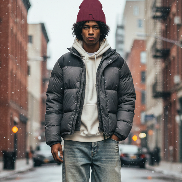 Person walking on a snowy city street wearing a burgundy beanie with a black embroidered Scorpio symbol