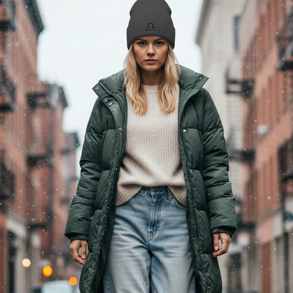 Person walking on a city street wearing a pigmented black beanie with a black embroidered Libra symbol 