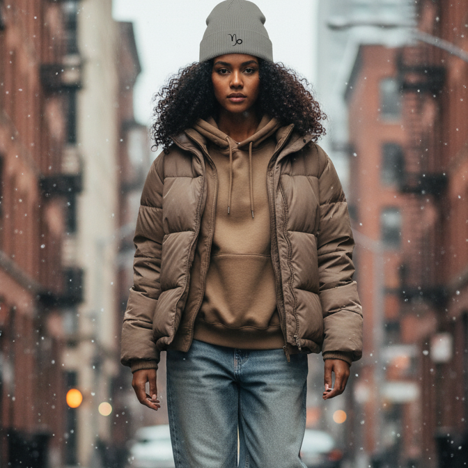 Woman walking on a city street wearing a light gray beanie with a black embroidered Capricorn symbol