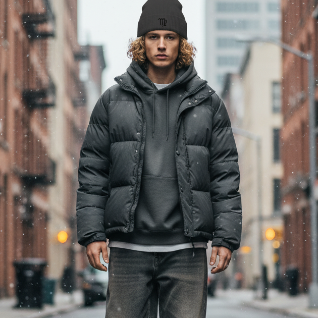 man walking on an urban street wearing a pigmented black beanie with an embroidered Virgo symbol