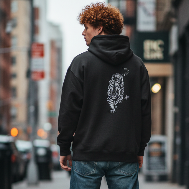 Person wearing a black hoodie with a tiger design on the back, standing on a city street.
