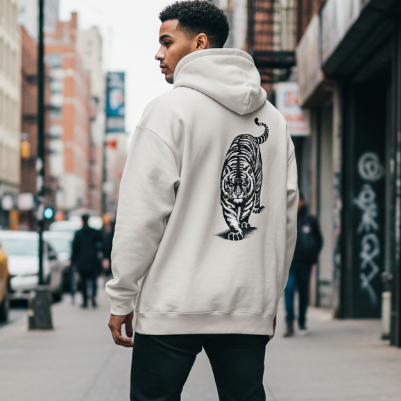 Man wearing a hoodie with a tiger design on a city street
