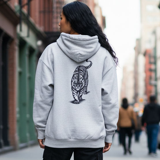Person wearing a gray hoodie with a tiger design on the back, walking down a city street.